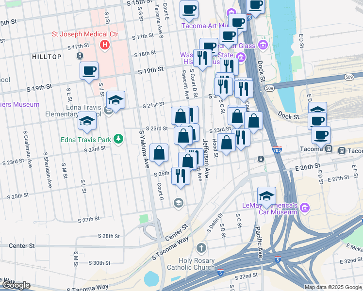 map of restaurants, bars, coffee shops, grocery stores, and more near 2342 Fawcett Avenue in Tacoma