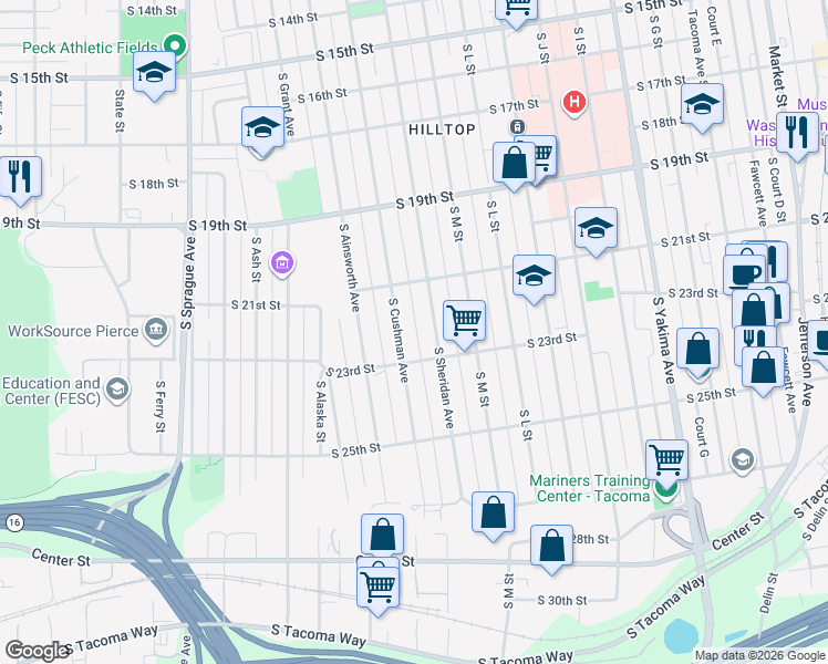 map of restaurants, bars, coffee shops, grocery stores, and more near 2146 South Sheridan Avenue in Tacoma
