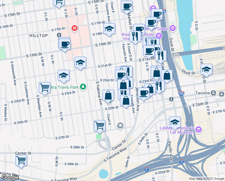 map of restaurants, bars, coffee shops, grocery stores, and more near 2338 Tacoma Avenue South in Tacoma