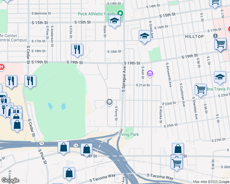 map of restaurants, bars, coffee shops, grocery stores, and more near 2121 South State Street in Tacoma