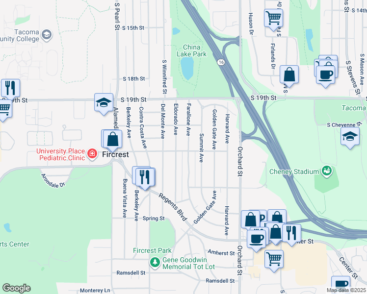 map of restaurants, bars, coffee shops, grocery stores, and more near 535 Princeton Street in Fircrest