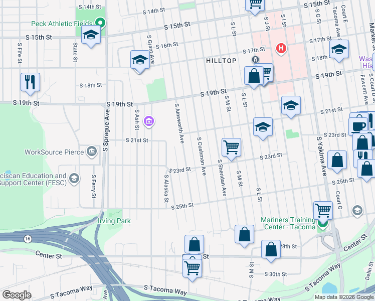 map of restaurants, bars, coffee shops, grocery stores, and more near 2143 South Ainsworth Avenue in Tacoma