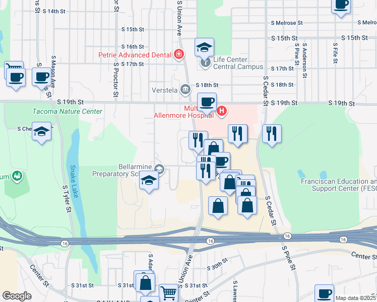 map of restaurants, bars, coffee shops, grocery stores, and more near 2132 South Union Avenue in Tacoma