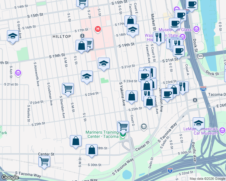 map of restaurants, bars, coffee shops, grocery stores, and more near 2346 South I Street in Tacoma