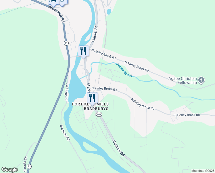 map of restaurants, bars, coffee shops, grocery stores, and more near 35 South Perley Brook Road in Fort Kent