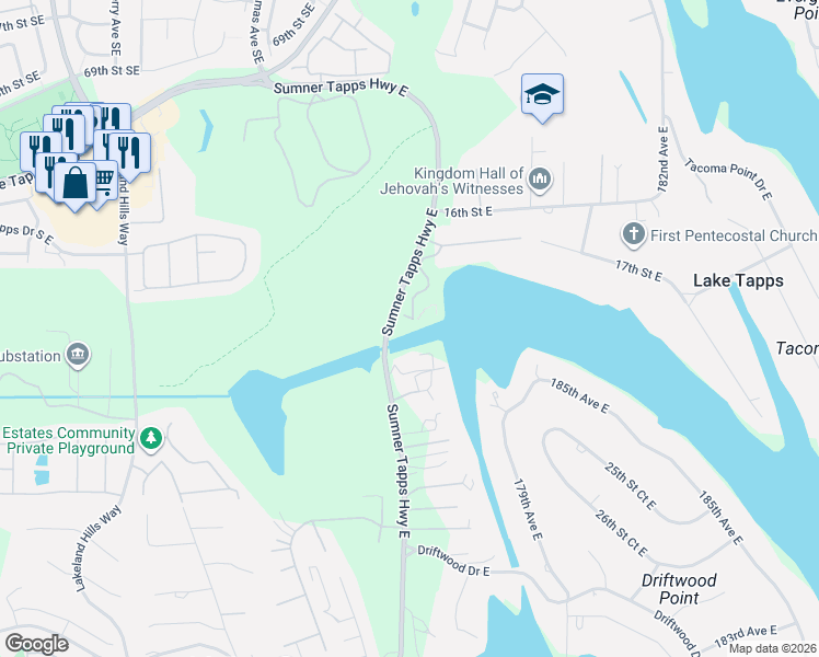 map of restaurants, bars, coffee shops, grocery stores, and more near 2005 Sumner Tapps Highway East in Lake Tapps