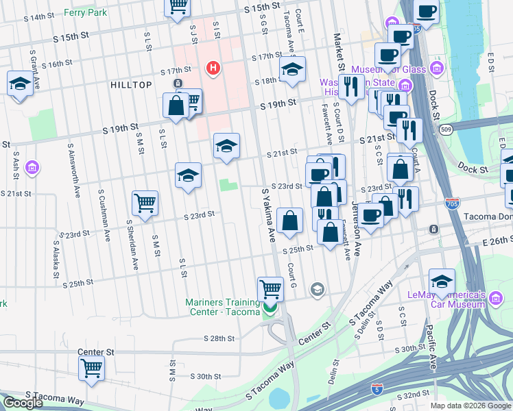 map of restaurants, bars, coffee shops, grocery stores, and more near 2333 Yakima Court in Tacoma