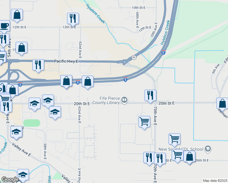 map of restaurants, bars, coffee shops, grocery stores, and more near 6619 20th Street East in Fife