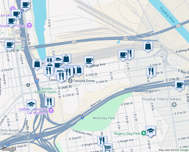 map of restaurants, bars, coffee shops, grocery stores, and more near 802 East 25th Street in Tacoma