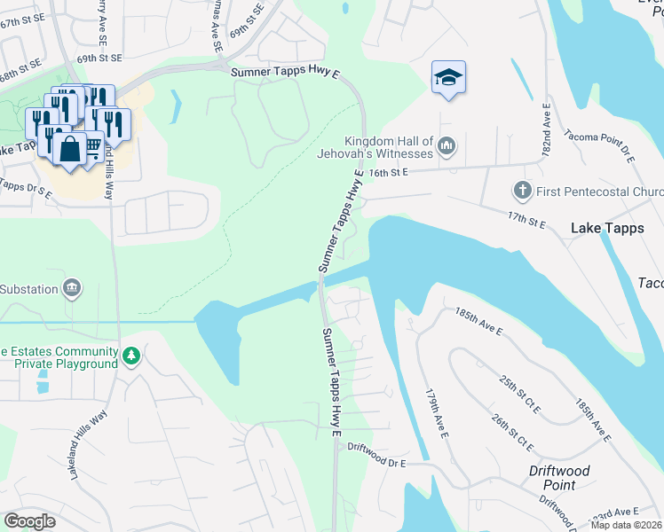 map of restaurants, bars, coffee shops, grocery stores, and more near 2005 Sumner Tapps Highway East in Lake Tapps