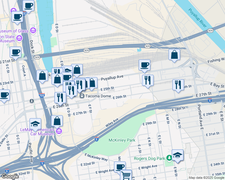 map of restaurants, bars, coffee shops, grocery stores, and more near 802 East 25th Street in Tacoma