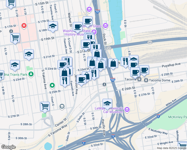 map of restaurants, bars, coffee shops, grocery stores, and more near in Tacoma