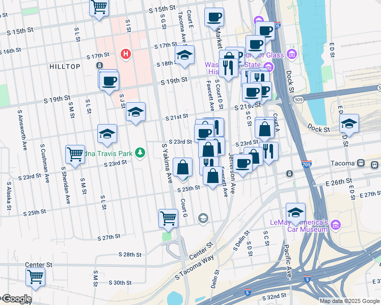 map of restaurants, bars, coffee shops, grocery stores, and more near 2142 Tacoma Avenue South in Tacoma