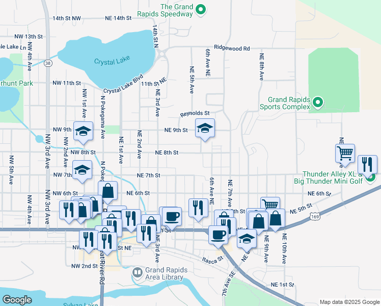 map of restaurants, bars, coffee shops, grocery stores, and more near 403 Northeast 8th Street in Grand Rapids