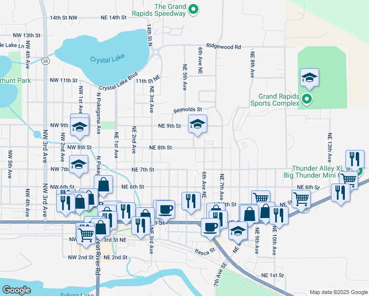 map of restaurants, bars, coffee shops, grocery stores, and more near 403 Northeast 8th Street in Grand Rapids