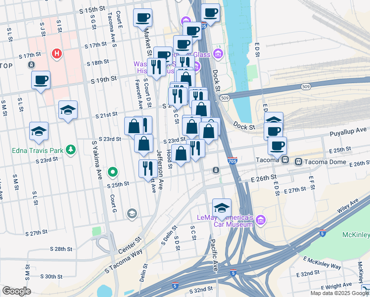 map of restaurants, bars, coffee shops, grocery stores, and more near 2210 South C Street in Tacoma
