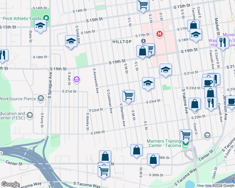 map of restaurants, bars, coffee shops, grocery stores, and more near 2122 South Sheridan Avenue in Tacoma