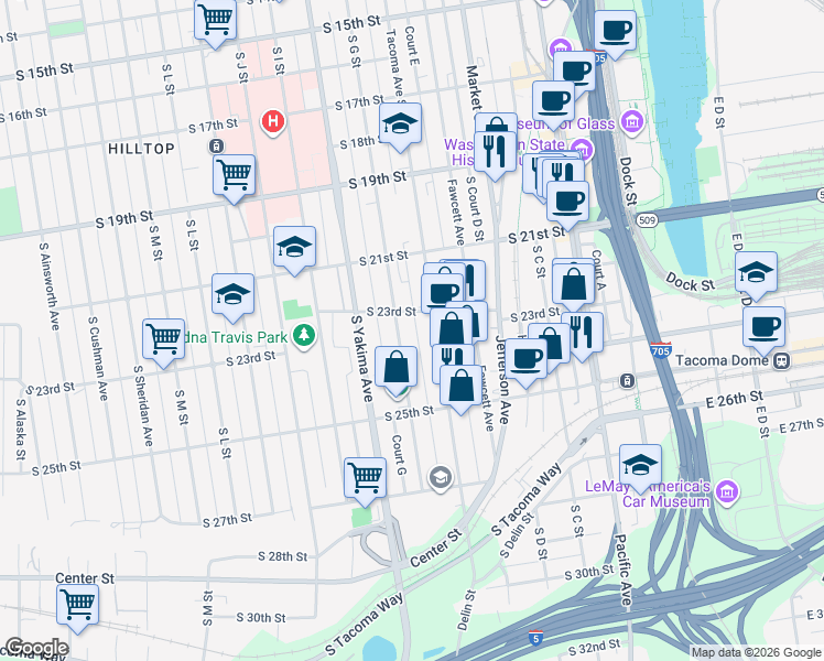 map of restaurants, bars, coffee shops, grocery stores, and more near 2142 Tacoma Avenue South in Tacoma