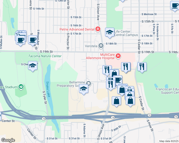 map of restaurants, bars, coffee shops, grocery stores, and more near 1947 South Adams Street in Tacoma