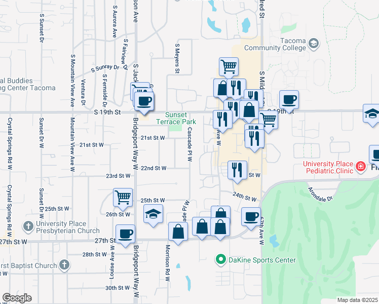 map of restaurants, bars, coffee shops, grocery stores, and more near 2101 Cascade Place West in Tacoma