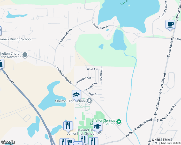 map of restaurants, bars, coffee shops, grocery stores, and more near 542 Basil Avenue in Shelton
