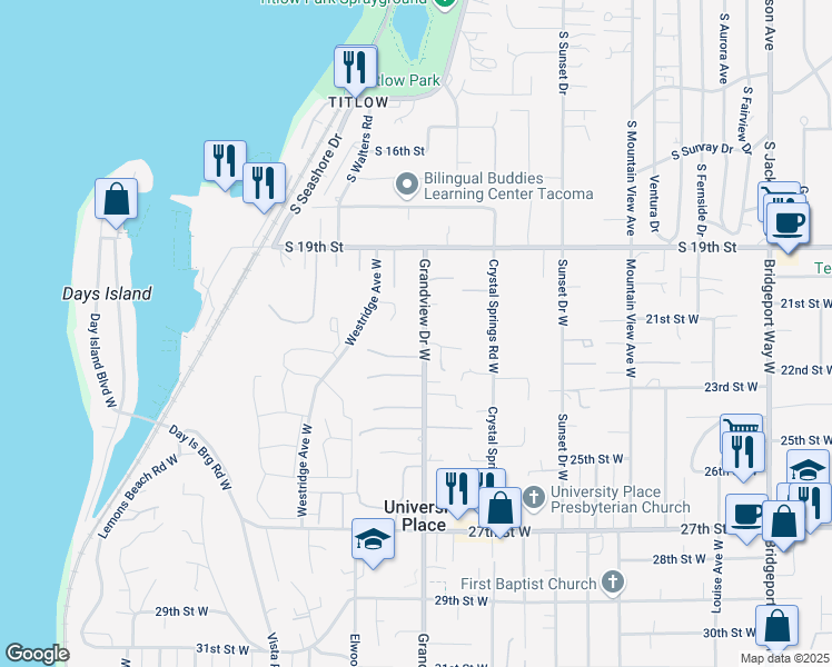 map of restaurants, bars, coffee shops, grocery stores, and more near 2024 Grandview Drive West in Tacoma