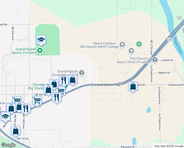 map of restaurants, bars, coffee shops, grocery stores, and more near 1607 U.S. 169 in Grand Rapids