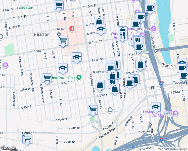 map of restaurants, bars, coffee shops, grocery stores, and more near 2140 South G Street in Tacoma
