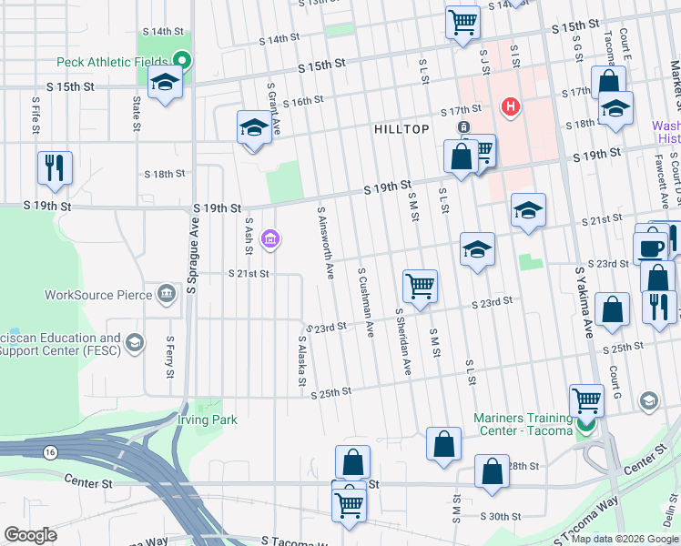 map of restaurants, bars, coffee shops, grocery stores, and more near in Tacoma