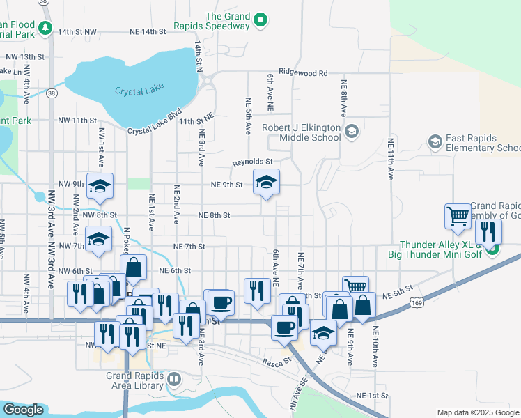 map of restaurants, bars, coffee shops, grocery stores, and more near 822 Northeast 5th Avenue in Grand Rapids