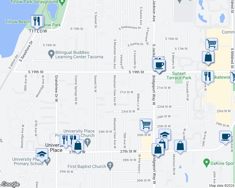 map of restaurants, bars, coffee shops, grocery stores, and more near 7818 21st Street West in Tacoma