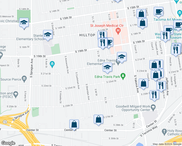 map of restaurants, bars, coffee shops, grocery stores, and more near 2118 South M Street in Tacoma