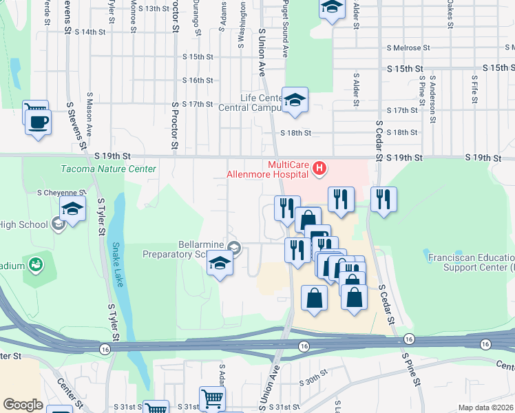 map of restaurants, bars, coffee shops, grocery stores, and more near 2010 South Union Avenue in Tacoma