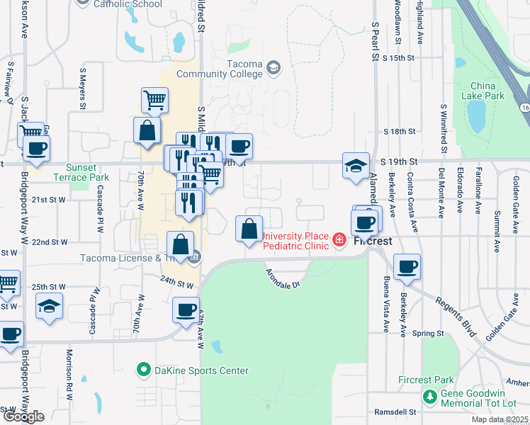 map of restaurants, bars, coffee shops, grocery stores, and more near 6412 20th Street Court West in Tacoma
