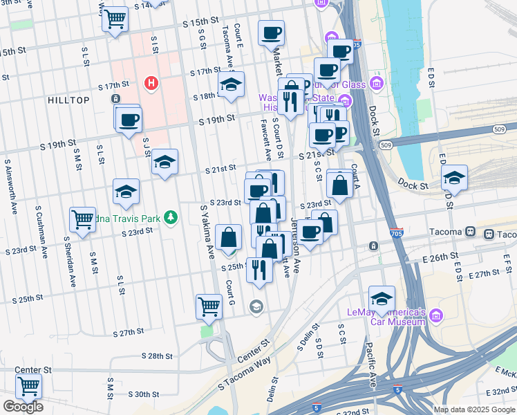 map of restaurants, bars, coffee shops, grocery stores, and more near 2142 Tacoma Avenue South in Tacoma