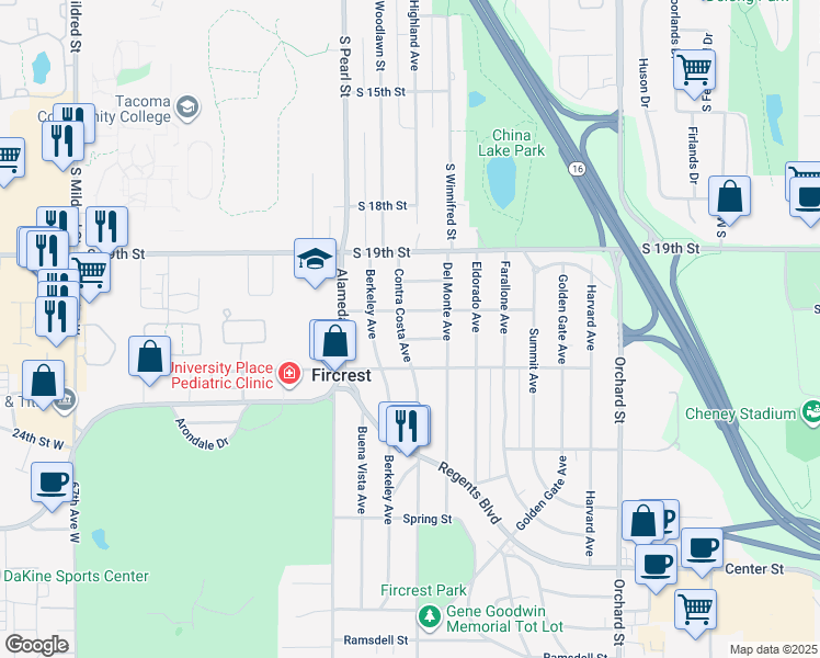 map of restaurants, bars, coffee shops, grocery stores, and more near 215 Contra Costa Avenue in Fircrest