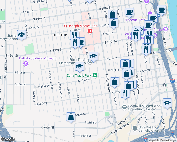map of restaurants, bars, coffee shops, grocery stores, and more near 2130 South J Street in Tacoma