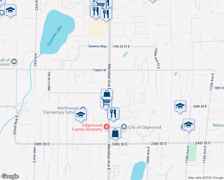 map of restaurants, bars, coffee shops, grocery stores, and more near 10303 20th Street East in Edgewood
