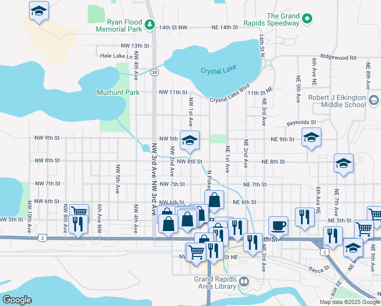 map of restaurants, bars, coffee shops, grocery stores, and more near 820 Northwest 1st Avenue in Grand Rapids