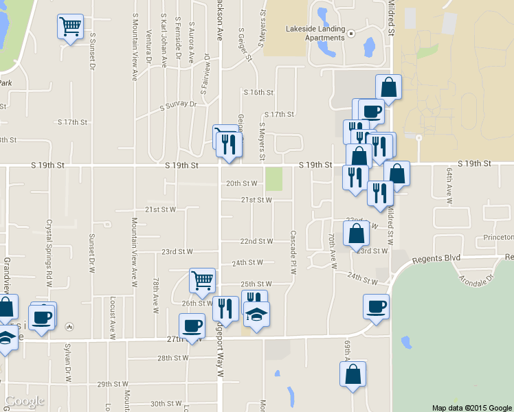 map of restaurants, bars, coffee shops, grocery stores, and more near 2109 Seaview Avenue West in Tacoma