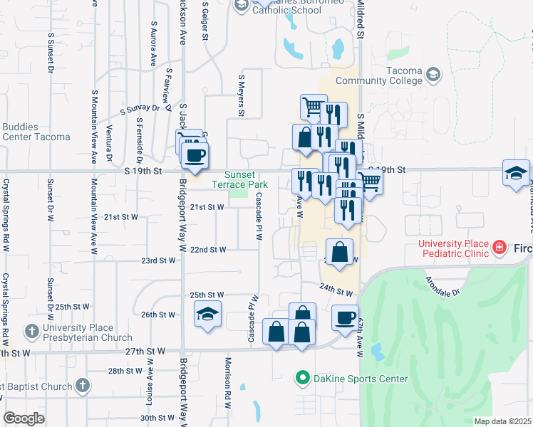 map of restaurants, bars, coffee shops, grocery stores, and more near 2101 Cascade Pl W in Tacoma