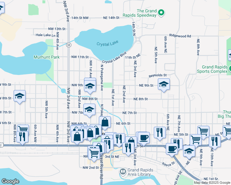 map of restaurants, bars, coffee shops, grocery stores, and more near 814 Northeast 1st Avenue in Grand Rapids