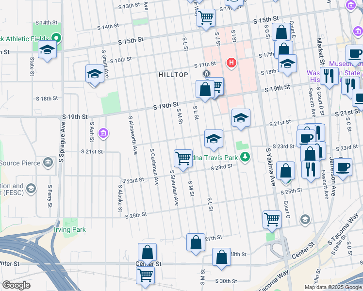 map of restaurants, bars, coffee shops, grocery stores, and more near 2110 South M Street in Tacoma