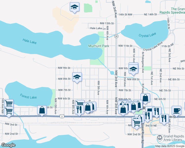 map of restaurants, bars, coffee shops, grocery stores, and more near 816 6th Avenue Northwest in Grand Rapids