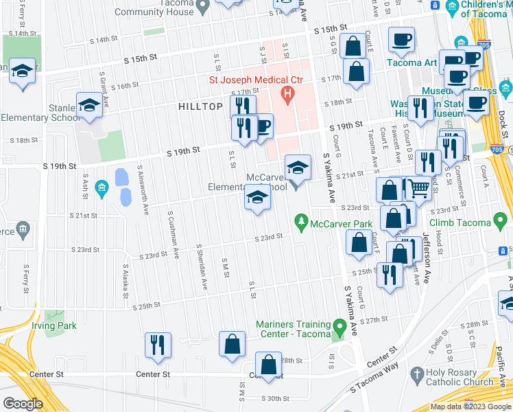 map of restaurants, bars, coffee shops, grocery stores, and more near 2116 Martin Luther King Junior Way in Tacoma