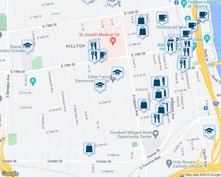 map of restaurants, bars, coffee shops, grocery stores, and more near 2122 South J Street in Tacoma