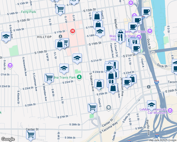 map of restaurants, bars, coffee shops, grocery stores, and more near 2186 South Yakima Avenue in Tacoma