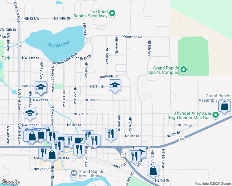map of restaurants, bars, coffee shops, grocery stores, and more near 822 Northeast 5th Avenue in Grand Rapids