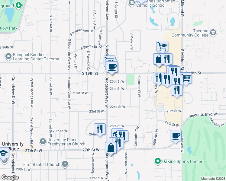 map of restaurants, bars, coffee shops, grocery stores, and more near 2105 Bridgeport Way West in University Place