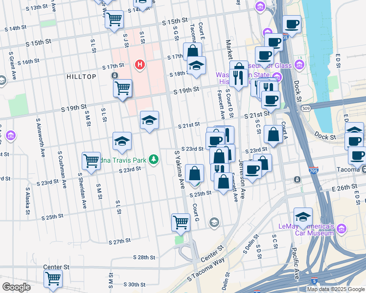 map of restaurants, bars, coffee shops, grocery stores, and more near 703 South 23rd Street in Tacoma